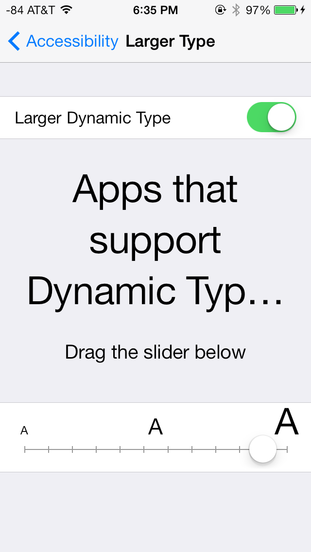 iOS Accessibility Larger Dynamic Type Settings screenshot