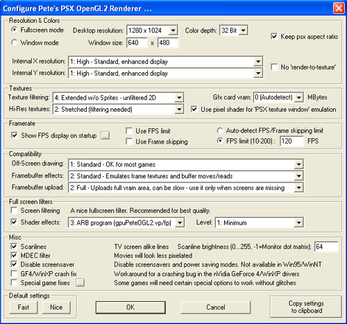 These are the settings that we specified in testing using Pete's OpenGL2 Plugin.