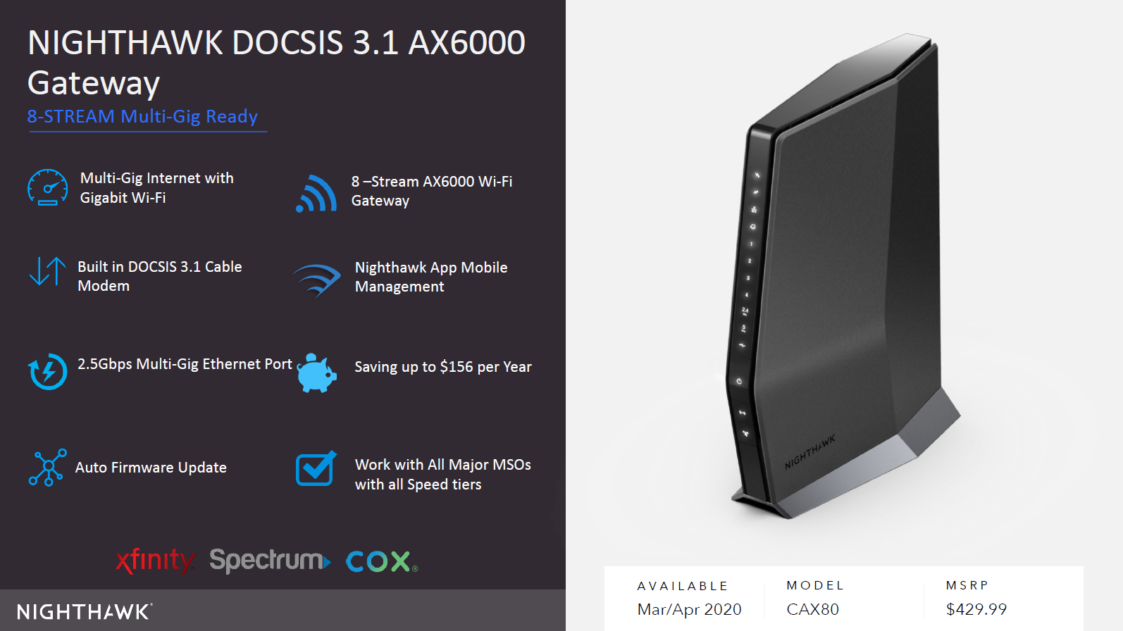 Nighthawk CAX80 – DOCSIS 3.1 Cable Modem Router with WiFi 6