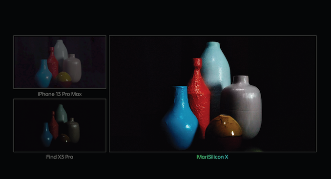 Images of colorful vases compared between MariSilicon X, iPhone 13 Pro Max, Find X3 Pro