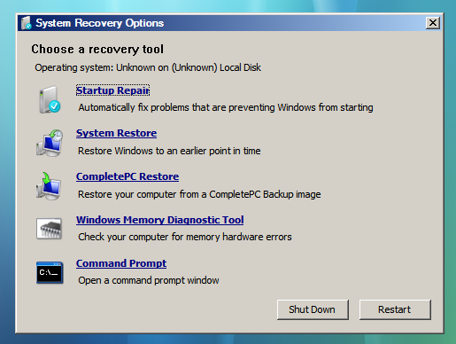 choose a recovery tool windows vista