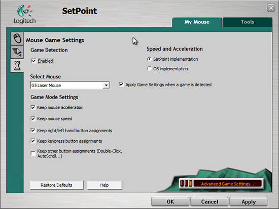 mouse properties open logitech setpoint